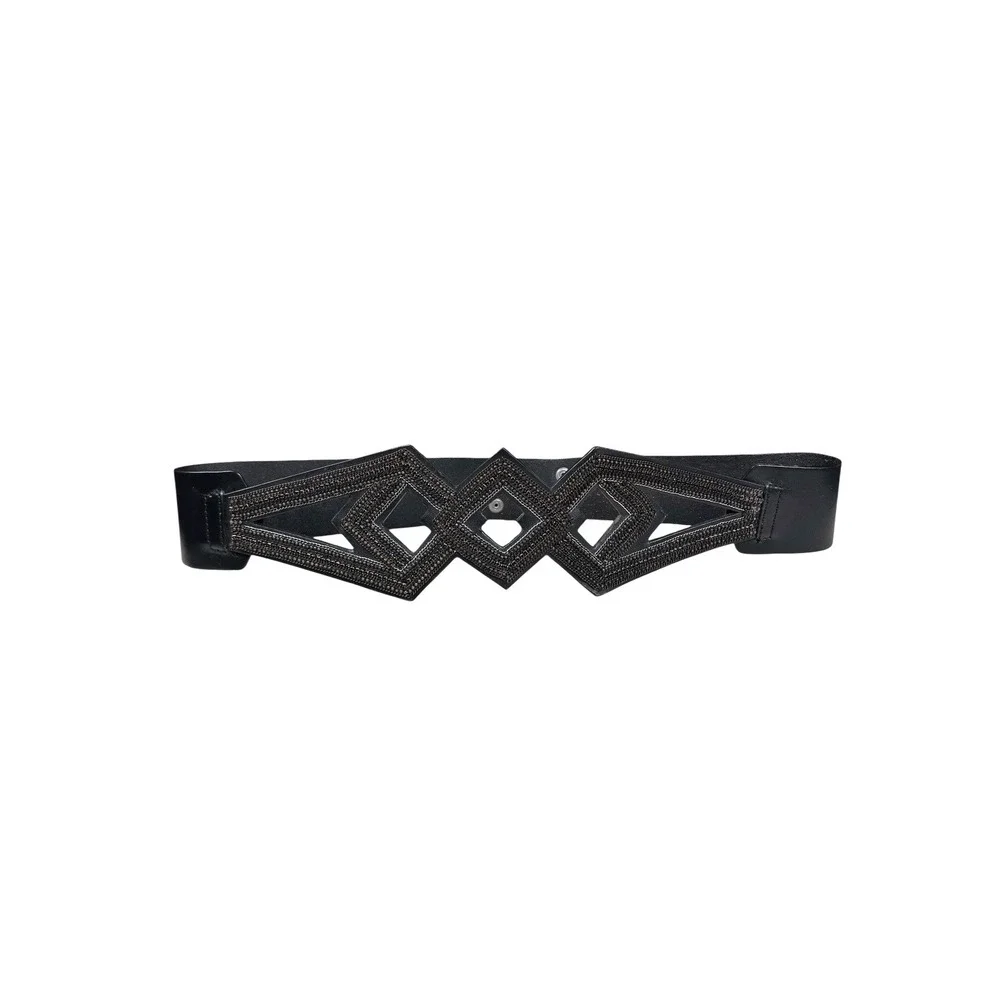 DIESEL Black Wide Leather Belt Geometric Cut Out 100% Cow Leather Sz 90 cm